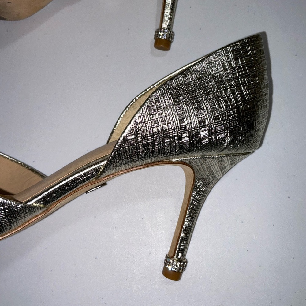 BADGLEY MISCHKA Metallic Gold Heels Rhinestone Trim 10 M - Picture 5 of 16